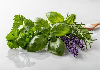Fresh aromatic culinary herbs mix with basil parsley rosemary and lavender