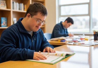 Dedicated young man with down syndrome wearing glasses reading a book at a table