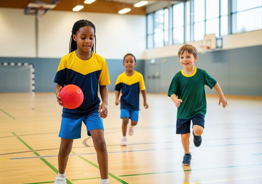 Joyful diverse children playing handball in a bright indoor sports hall