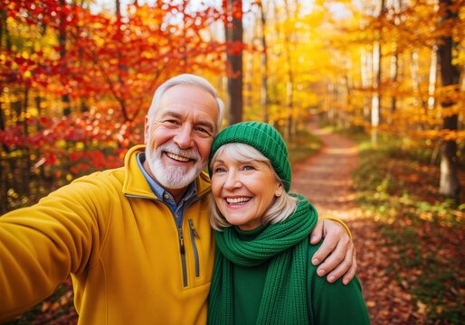 Joyful senior couple taking a happy selfie on a vibrant autumn trail - Powered by Adobe