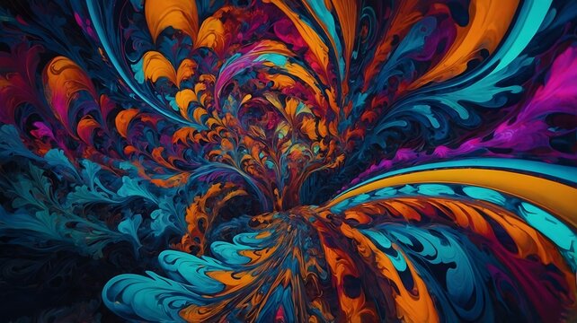 Abstract painting featuring swirling patterns of orange blue and purple colors in a dynamic flow