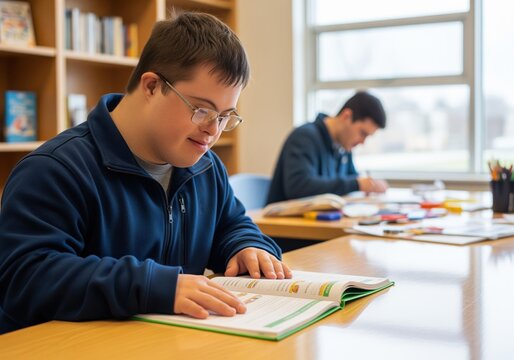 Dedicated young man with down syndrome wearing glasses reading a book at a table