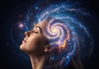 Womans profile with a swirling galaxy and stars forming in her head, representing thought or imagination