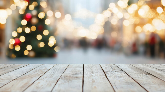 Wooden table with blurred city street, Christmas tree, and festive lights in background, creating warm holiday atmosphere