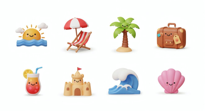Charming 3D Summer Vacation Icons Collection Playful Beach, Travel, and Holiday Elements with Cute Faces