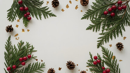 Festive evergreen boughs with bright red berries and pinecones framing a clean space, perfect for winter holiday greetings, invitations, and seasonal promotions with natural beauty and charm