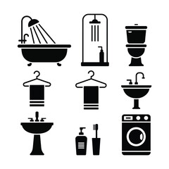 Black and white bathroom icons depicting fixtures and accessories