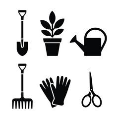 Gardening tools collection spade plant watering can rake gloves and scissors