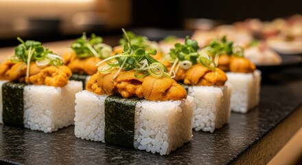A closeup of delicious uni sushi with fresh sea urchin and seaweed, a delicacy of japanese cuisine on a dark surface