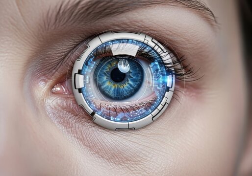 Closeup of a futuristic cyborg eye with a blue iris and intricate mechanical details, symbolizing technology and artificial intelligence