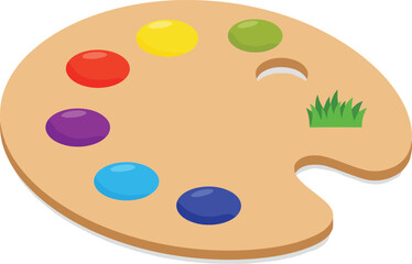 Wooden art palette with vibrant paints & green grass icon