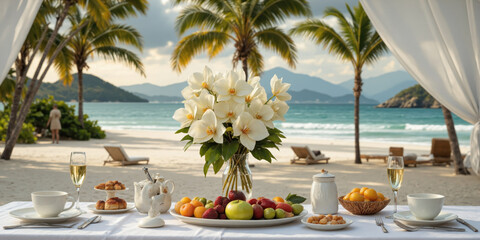 Beachfront Breakfast Setup Elegant white table set for morning meal on private sandy beach with ocean view. Fresh tropical fruits