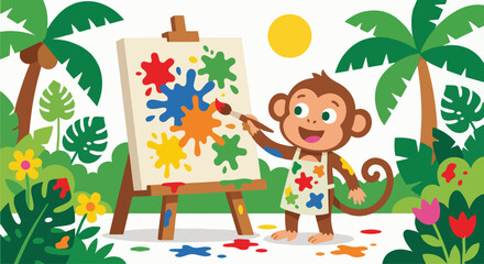 Monkey Painting a Picture Flat vector monkey holding a paintbrush and painting on a canvas   © WealthyMinion