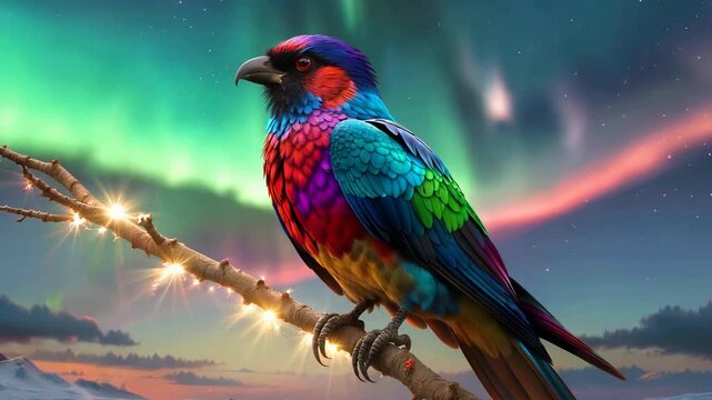 Colorful Parrot Perched Under Aurora Borealis - A Vibrant Wildlife Scene.
