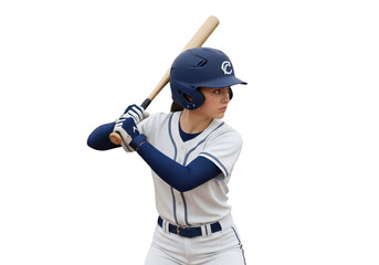 Female baseball player in uniform and helmet holding bat, ready to hit isolated on transparent background