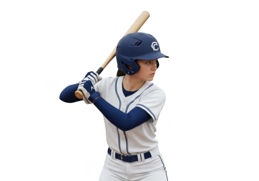 Female baseball player in uniform and helmet holding bat, ready to hit isolated on transparent background