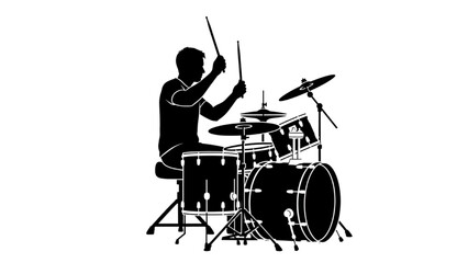 Dynamic silhouette of a musician passionately playing a drum kit, showcasing energetic musical performance