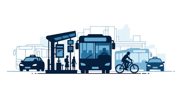 City Transportation Diverse Modes Including Bus, Bike, and Taxi in Urban Environment