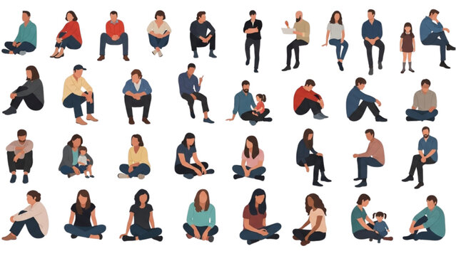 Diverse group of people in various seated positions, illustrating community and everyday life