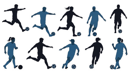 Silhouetted Soccer Players Kicking a Ball in Various Action Poses
