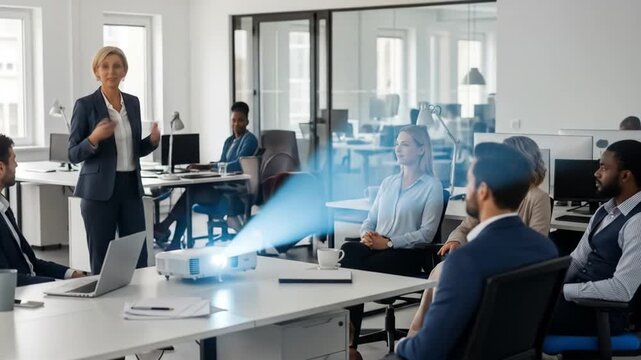 Diverse business team collaborates during a presentation in a modern office setting
