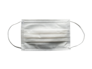 White disposable face mask with ear loops on black background