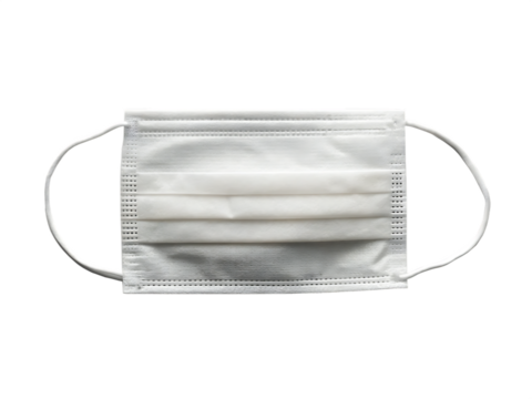 White disposable face mask with ear loops on black background