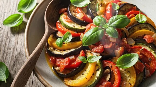 Vegetable medley dish with fresh basil and wooden spoon close up