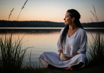 Fototapeta premium Serene woman in white dress meditating by a calm lake at sunset