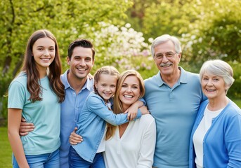 Fototapeta premium Joyful multi generational family portrait smiling together outdoors