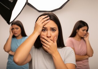 Young woman crying, covering mouth, expressing deep sadness and despair