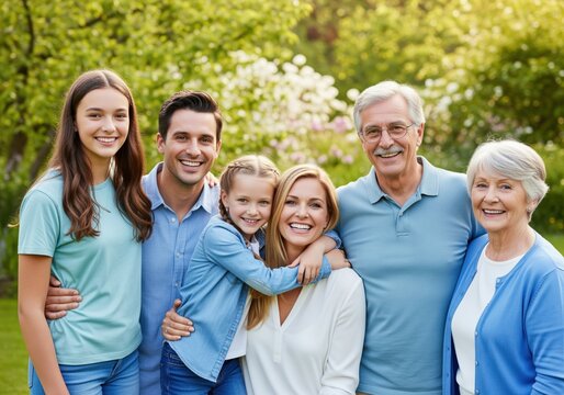 Joyful multi generational family portrait smiling together outdoors