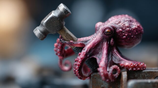Realistic Octopus Holding a Hammer for Industrial Repair Job in Blurred Background Scene