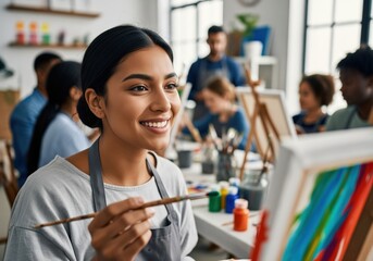 Joyful hispanic woman creating art with brush and paint on canvas