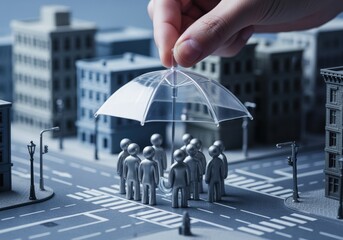 Protecting a community, hand holds umbrella over tiny figures in a city model