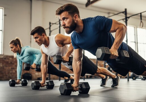 Group of athletes performing synchronized dumbbell rows in a modern gym