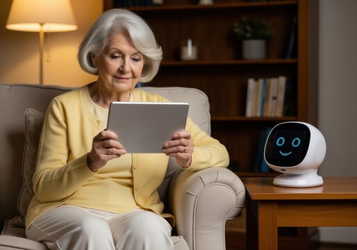 Senior woman using tablet with a friendly robot companion at home