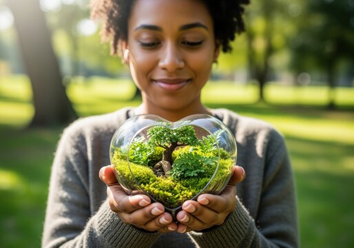 Smiling woman holding a heart shaped glass terrarium with a lush green ecosystem - Powered by Adobe