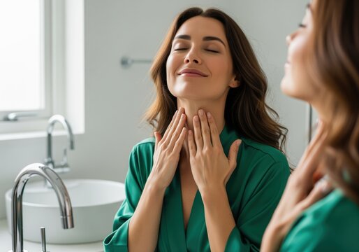 Smiling woman in green robe massaging her neck, enjoying a relaxing skincare beauty routine