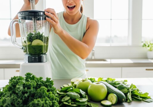 Smiling woman blending fresh green vegetables for a healthy detox smoothie - Powered by Adobe