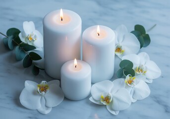 Serene white pillar candles with delicate orchid flowers and eucalyptus leaves