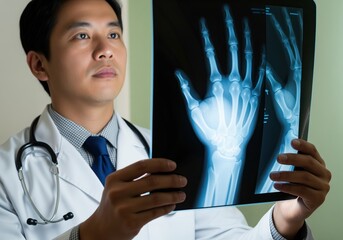 Asian doctor in lab coat carefully examining a hand x ray for diagnosis