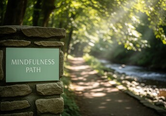 Mindfulness path sign on stone pillar in a serene forest with sunlight