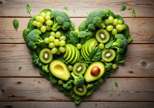 Vibrant heart shape of fresh green fruits and vegetables for healthy living