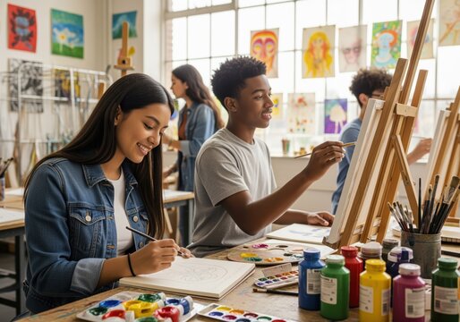 Diverse high school students engaged in painting and drawing in a bright art studio