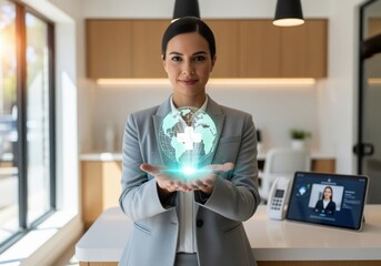 Female executive showcasing worldwide medical technology and telehealth solutions