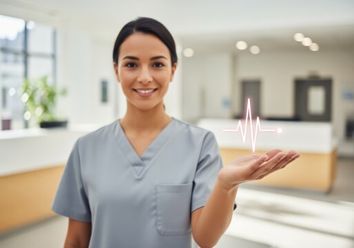 Smiling female healthcare worker presenting a glowing heartbeat symbol