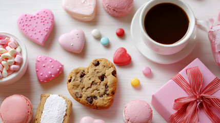 Valentine sweets flat lay shows heart cookies, macarons, marshmallows, and giftbox for branding, social media, blog posts.