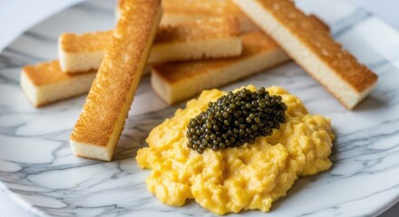 Exquisite scrambled egg topped with caviar, accompanied by golden toast sticks, a luxurious culinary experience for discerning palates