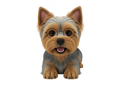 Adorable yorkshire terrier wearing glasses sits attentively with mouth open and tongue out isolated on transparent background